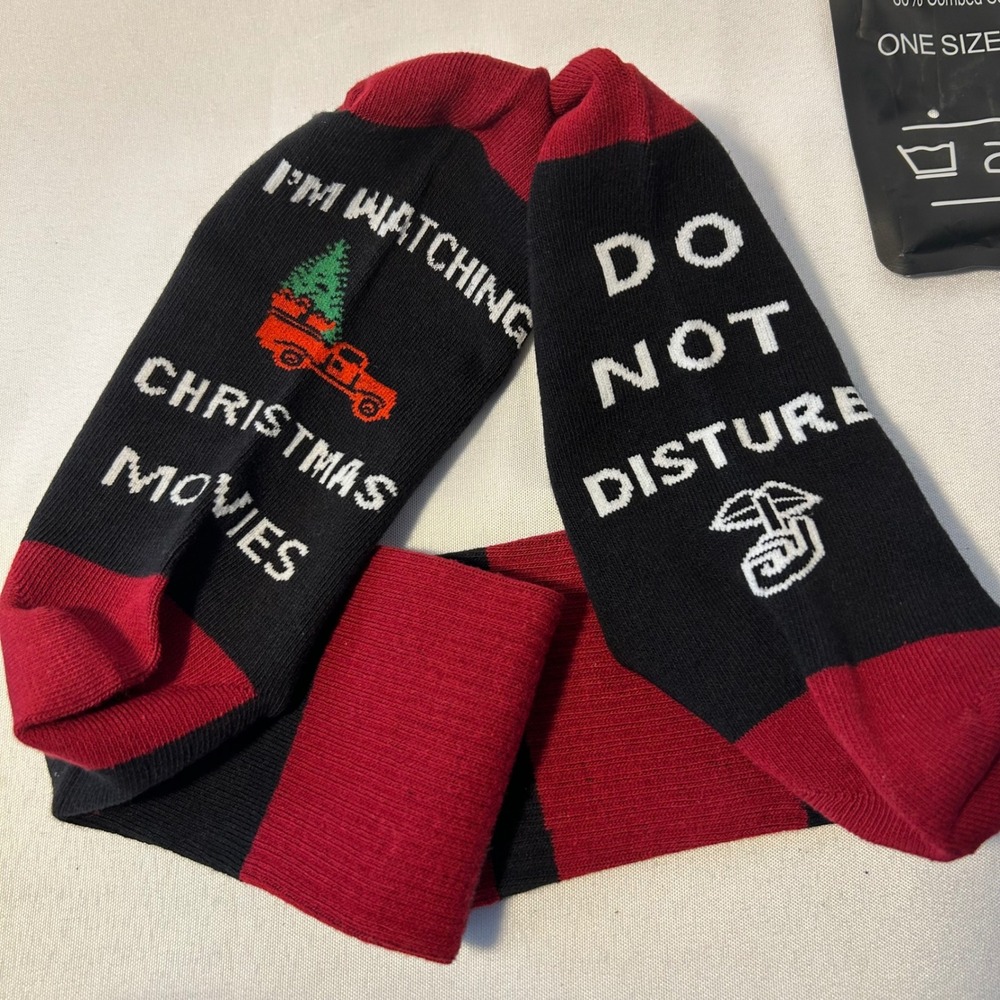 Funny Christmas Socks "Do Not Disturb I'm Watching Movies" Novelty Gift NEW - Picture 4 of 7